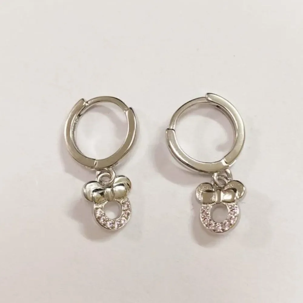 925 Sterling Silver and Diamond Cubic Zircona Minnie Mouse Hoop Huggie Earrings